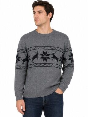 Bula Men's Gray Nordic Reindeer Crewneck Knit Sweater Winter Casual Pullover - M
